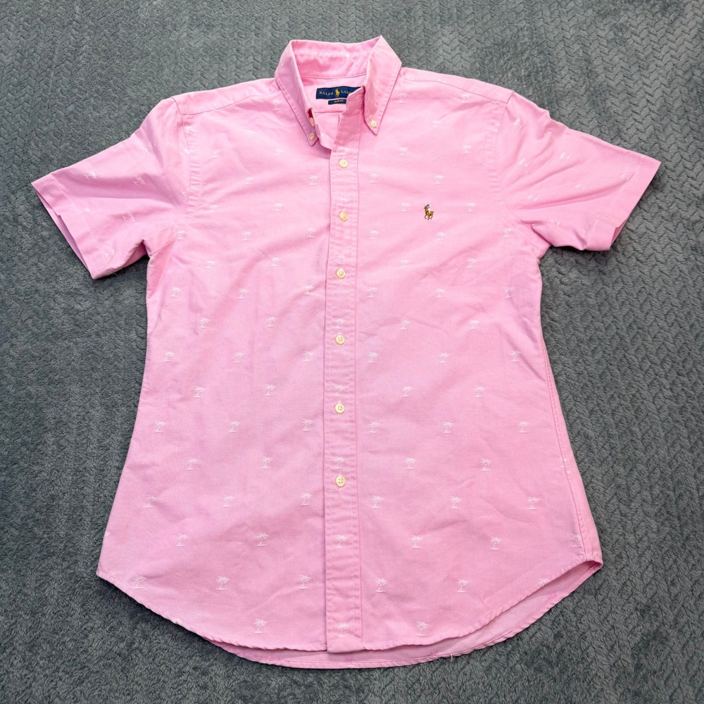 Ralph Lauren Shirt Mens M Slim Fit Pink Palm Tree Embroidered Cotton SS Oxford